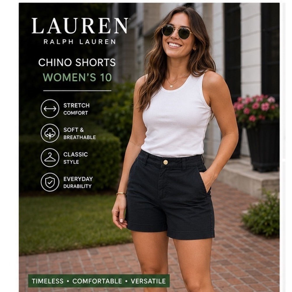 Lauren Ralph Lauren Chino Shorts Womens 10 Black Stretch Cotton Gold Button